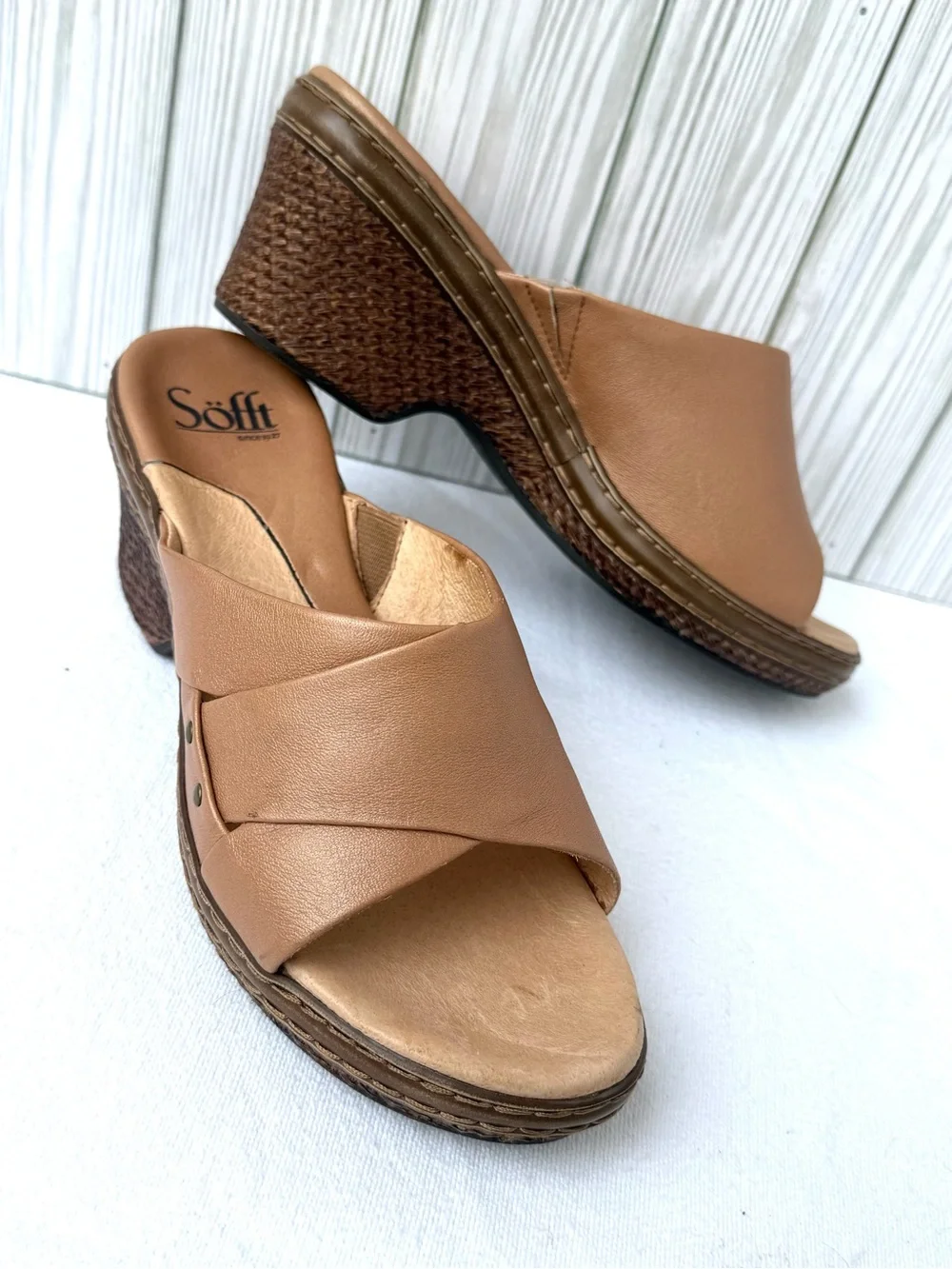 Sofft Tan Leather Wedge Sandals